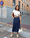 Women Denim Straight A-Line Midi Skirt