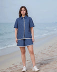 Navy Blue Solid Cotton Shirt With Shorts Co-Ords Set