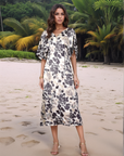 Black White Floral Print V-Neck Dress