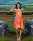 Orange Floral Print Shoulder Straps Sleeveless Dress