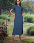Solid Blue Shirt Collar fit & flare Dress