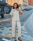 Grey Solid Round Neck Top With Trousers Co-Ords Set