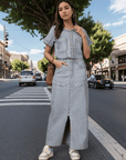 Solid Denim Round Neck Top With Skirt Co-Ords Set