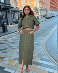 Olive Solid Shirt collar Top With Skirt Co-Ords Set