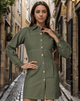 Olive Green Solid Shirt Collar Dress