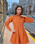 Solid Orange Shirt Collar Dress