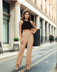 Beige Solid Regular Fit Flat-front Trouser