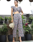 Printed V-Neck Top With Trousers Co-Ord Set multi