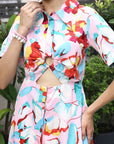 Floral Printed Shirt Collar Short Sleeves Shirt Dress Pink