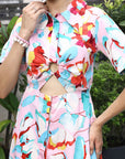 Floral Printed Shirt Collar Short Sleeves Shirt Dress Pink