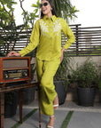 Shirt Collar Embroidered Cotton Shirt With Trousers Co-Ords Set lime-green