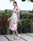 Floral Printed Shirt Collar Short Sleeves Shirt Dress Pink