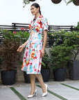 Floral Printed Shirt Collar Short Sleeves Shirt Dress Pink