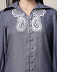 Shirt Collar Embroidered Cotton Shirt With Trousers Co-Ords Set blue