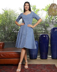 Solid Denim Square Neck Half Short Sleeve Dress light-blue