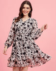 White Floral Printed Puff Sleeves Gathered A-Line Dress
