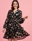 Abstract Printed V-Neck Puff Sleeves Smocked Detail Fit and Flare Dress