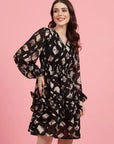 Abstract Printed V-Neck Puff Sleeves Smocked Detail Fit and Flare Dress