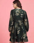 Green Floral Printed Puff Sleeves Gathered A-Line Dress