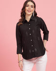 Charcoal Embellished Spread Collar Casual Buttoned Top