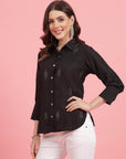 Charcoal Embellished Spread Collar Casual Buttoned Top