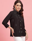 Charcoal Embellished Spread Collar Casual Buttoned Top