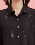 Charcoal Embellished Spread Collar Casual Buttoned Top