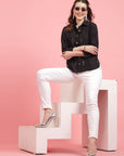 Charcoal Embellished Spread Collar Casual Buttoned Top