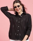 Charcoal Embellished Spread Collar Casual Buttoned Top