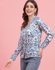 Ethnic Motifs Printed Mandarin Collar Cuffed Sleeves Shirt Style Top
