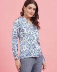 Ethnic Motifs Printed Mandarin Collar Cuffed Sleeves Shirt Style Top