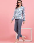 Ethnic Motifs Printed Mandarin Collar Cuffed Sleeves Shirt Style Top