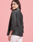 Charcoal Embellished Spread Collar Casual Buttoned Top