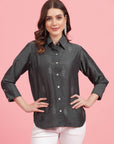 Charcoal Embellished Spread Collar Casual Buttoned Top