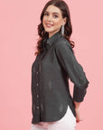 Charcoal Embellished Spread Collar Casual Buttoned Top