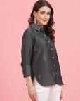 Charcoal Embellished Spread Collar Casual Buttoned Top