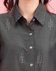 Charcoal Embellished Spread Collar Casual Buttoned Top