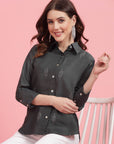 Charcoal Embellished Spread Collar Casual Buttoned Top