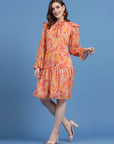 Orange Floral Printed Tie-Up Neck Bell Sleeve Drop-Waist Dress