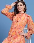 Orange Floral Printed Tie-Up Neck Bell Sleeve Drop-Waist Dress