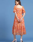 Orange Floral Printed Square Neck Gathered A-Line Midi Dress