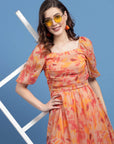 Orange Floral Printed Square Neck Gathered A-Line Midi Dress