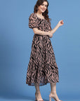 Pink Animal Printed Puff Sleeves A-Line Midi Dress