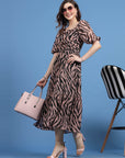Pink Animal Printed Puff Sleeves A-Line Midi Dress