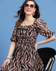 Pink Animal Printed Puff Sleeves A-Line Midi Dress