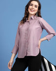 Charcoal Embellished Spread Collar Casual Buttoned Top
