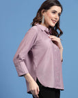 Charcoal Embellished Spread Collar Casual Buttoned Top