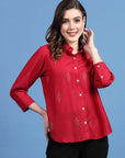 Red Embellished Spread Collar Casual Buttoned Top