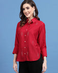 Red Embellished Spread Collar Casual Buttoned Top