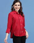 Red Embellished Spread Collar Casual Buttoned Top